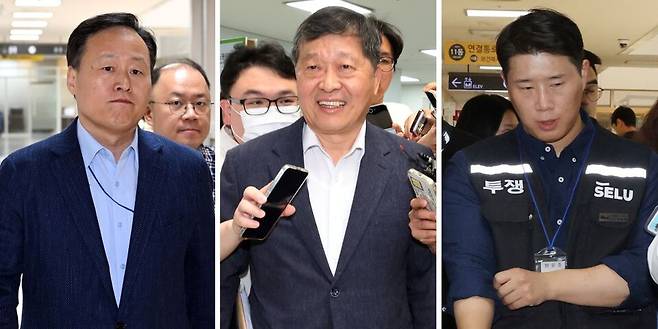 삼성전자 사측 대표교섭위원인 여명구 DS(디바이스솔루션·반도체 사업 담당) 피플팀장(왼쪽부터), 박수근 중앙노동위원장, 삼성그룹 초기업노동조합 삼성전자지부 최승호 위원장이 총파업 예고 시점을 이틀 앞둔 19일 정부세종청사 중앙노동위원회에서 열린 2차 사후조정 2일차 오후 회의에 참석하는 모습 ⓒ 연합뉴스