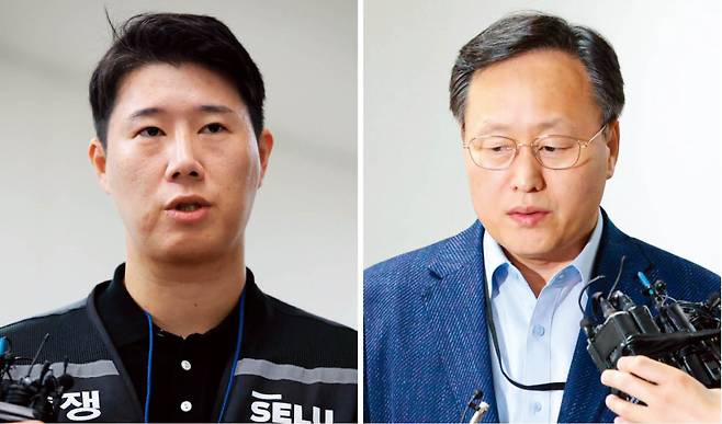 최승호 삼성 초기업노조 삼성전자지부 위원장(왼쪽)과 여명구 삼성전자 반도체(DS) 피플팀장은 5월 20일 중앙노동위원회 2차 사후조정에 참석했으나 협상이 결렬됐다. 뉴시스