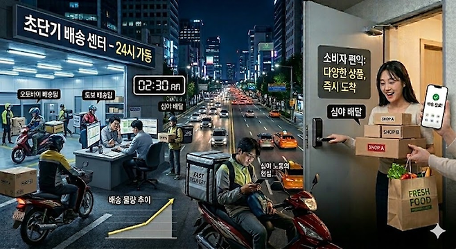 즉시·새벽 배송 경쟁이 유통업계 전반으로 확산, 배송 전쟁 양상으로 확대되면서 배달대행 노동자들의 부담이 가중될 것으로 보인다. 사진= 구글 제미나이생성