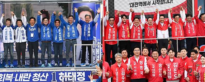 제9회 전국동시지방선거 공식 선거운동 첫 날인 21일 대전 중구 으능정이문화의거리에서 열린 출정식에서 정청래 더불어민주당 총괄상임대책위원장과 허태정 대전시장 후보를 비롯한 구청장 후보들이 지지를 호소하고 있다.(왼쪽) 제9회 전국동시지방선거 공식 선거운동 첫 날인 21일 대전역 서광장에서 열린 출정식에서 장동혁 국민의힘 상임선거대책위원장과 이장우 대전시장 후보를 비롯한 구청장 후보, 광역 및 기초의원 후보들이 지지를 호소하고 있다. (오른쪽) 김주형 기자 kjh2667_@cctoday.co.kr