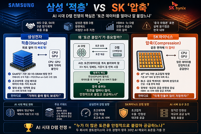 삼성전자와 SK하이닉스의 차세대 D램 전략 차이를 정리한 인포그래픽이다. 삼성은 CPU·GPU 가까이에 메모리를 수직 적층해 초고대역폭과 데이터 이동 속도를 높이는 '적층(Stacking)' 방향에 무게를 두고 있고, SK하이닉스는 같은 면적 안에 더 많은 데이터를 안정적으로 저장하는 '압축(Compression)' 구조에 집중하고 있다는 내용을 담고 있다. 중앙에는 AI 시대 병목이 단순 GPU 연산 성능이 아니라 KV 캐시·임베딩·가중치 같은 토큰 데이터를 얼마나 빠르고 안정적으로 불러오느냐에 있다는 점을 설명하고 있다. / GPT-5.5 이미지 2.0
