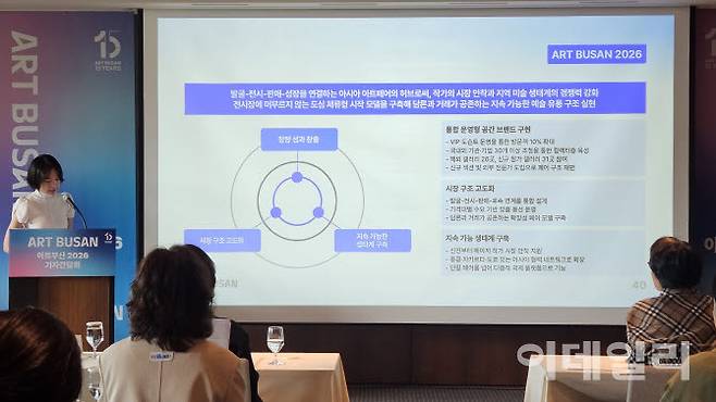 지난달 28일 서울 중구에서 열린 ‘아트부산 2026’ 기자간담회에서 정선주 아트부산 총괄이사가 15주년을 맞는 아트부산의 새로운 운영방침과 올해 진행할 아트부산의 전시프로그램을 소개하고 있다(사진=오현주 문화전문기자).