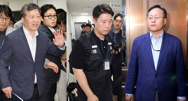 박수근 중노위원장,최승호 삼성그룹 초기업노동조합 삼성전자지부 위원장, 여명구(디바이스솔루션·반도체 사업 담당 피플팀장) 삼성전자 사측 대표교섭위원이 총파업 예고시점을 하루 앞둔 20일 정부세종청사 중앙노동위원회에서 열린 사후조정 회의를 마친 뒤 협상 결렬 후 퇴장하고 있다. 삼성 노사는 이날 오후 4시부터 김영훈 장관 주재로 교섭을 재개했다. 뉴스1