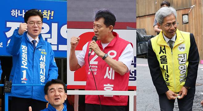공식 선거운동 첫날인 21일 정원오 더불어민주당 서울시장 후보가 서울 서초구 고속터미널에서 유권자들에게 한표를 호소하고 있다.(왼쪽 사진) 오세훈 국민의힘 서울시장 후보가 서울 서대문구 인왕시장 앞에서 유세를 하고 있다.(가운데 사진) 권영국 정의당 서울시장 후보가 서울 용산구 동자동 쪽방촌을 찾아 지지를 부탁하고 있다. 정용일 최현수 김정효 기자 yongil@hani.co.kr