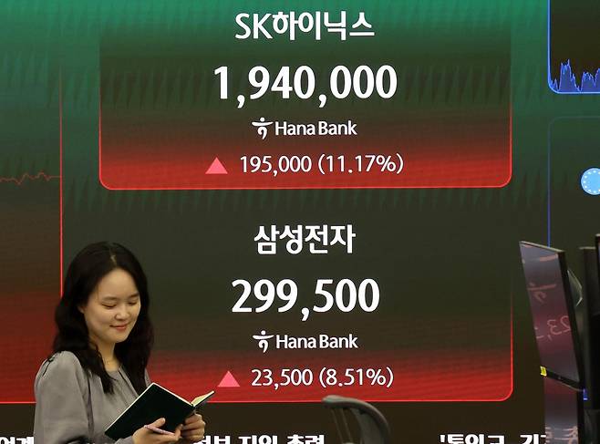 삼성전자 노사 합의 소식에 코스피가 급등한 21일 서울 중구 하나은행 딜링룸 전광판에 SK하이닉스와 삼성전자가 각각 194만 원과 29만9,500원을 나타내고 있다. 뉴시스