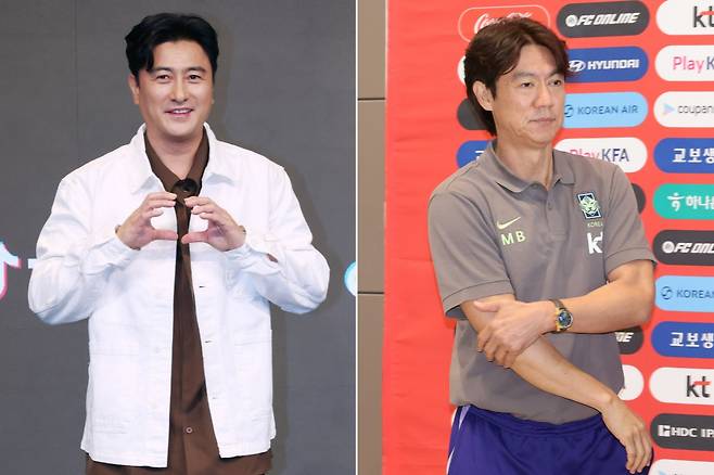 '2026 FIFA 북중미 월드컵'에서 대한민국 축구 국가대표팀을 이끌 홍명보 감독(오른쪽)과 축구선수 출신 방송인 안정환. /사진=스타뉴스, 뉴시스 갈무리