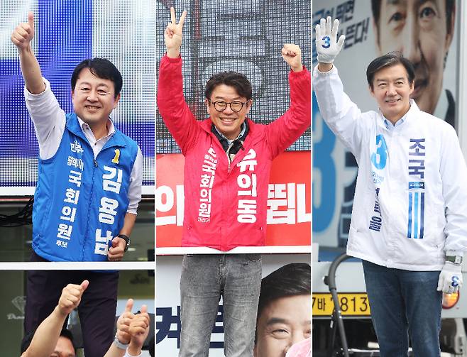경기 평택을 국회의원 재선거에 출마한 후보들이 21일 경기도 평택시 일대에서 지지를 호소하고 있다. 왼쪽부터 더불어민주당 김용남, 국민의힘 유의동, 조국혁신당 조국. 연합뉴스