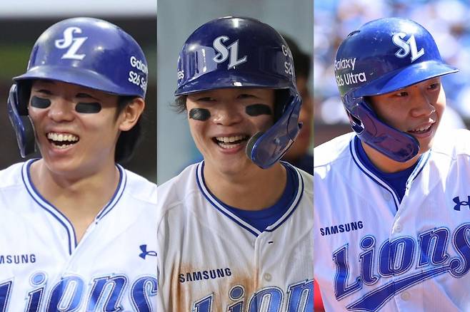 삼성 김성윤, 박승규, 김지찬(왼쪽부터)은 2026시즌 치열한 경쟁을 펼치고 있다. 사진제공|삼성 라이온즈