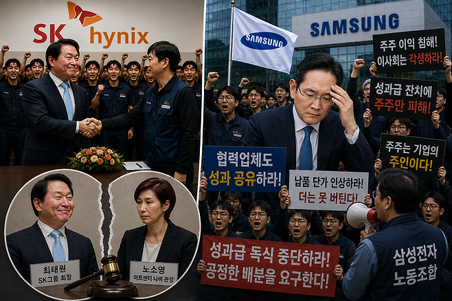 최태원 SK그룹 회장의 SK하이닉스 노사 성과급 합의와 이혼 소송 리스크 그리고 삼성전자 노사 합의 이후 주주·협력업체·노조 갈등 확산 모습을 형상화한 이미지. ChatGPT생성이미지