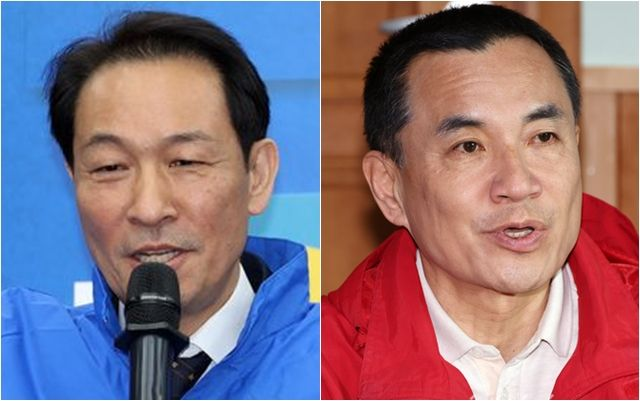 우상호(왼쪽) 더불어민주당 강원특별자치도지사 후보와 김진태 국민의힘 후보 ⓒ데일리안 홍금표 기자
