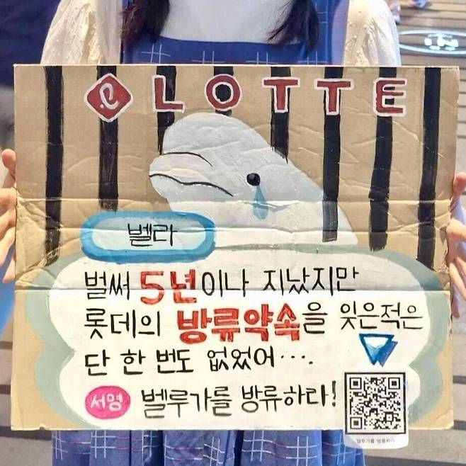 2024년 8월20일 한 시민이 서울 잠실 롯데월드 아쿠아리움 앞에서 손팻말을 들고 서 있다. 핫핑크돌핀스 누리집 갈무리