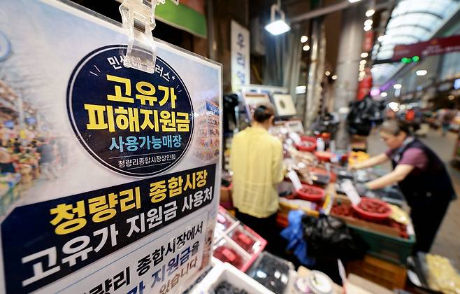 지난 18일 서울 동대문구 청량리종합시장에 피해지원금 사용 가능 안내문이 붙어 있다. 뉴스1