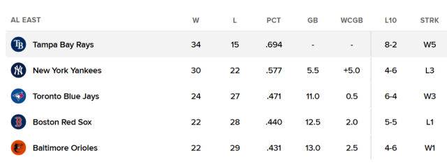 탬파베이가 아메리칸리그 동부지구 선두를 질주하고 있다. /MLB닷컴 제공