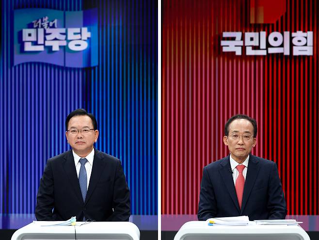 22일 오후 대구 수성구 TBC 스튜디오에서 열린 ‘제9회 전국동시지방선거 대구시장 후보자 초청 토론회’에서 더불어민주당 김부겸 후보(왼쪽)와 국민의힘 추경호 후보가 토론회 시작을 기다리던 모습. <연합>