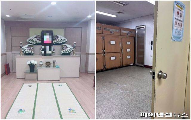 하루장으로 차려진 빈소. 영정사진과 제단, 돗자리가 놓인 작은 공간에 고인을 추모하는 자리가 마련됐다. 우측은 장례식장 안치실. 사진= 장례지도사 최 씨 제공.