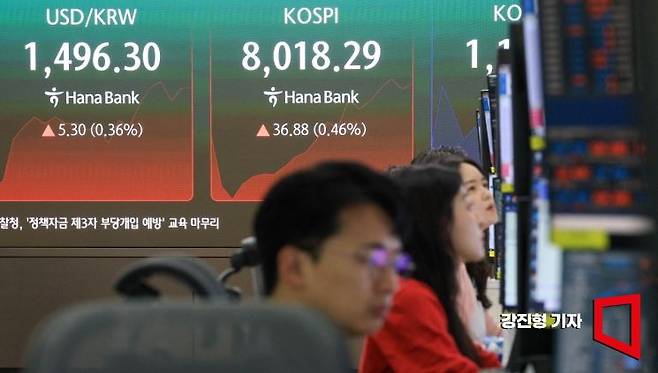 코스피 지수가 사상 첫 장중 8천선을 돌파한 15일 서울 중구 하나은행 딜링룸 전광판에 국내증시 지수가 표시돼 있다. 2026.5.15 강진형 기자