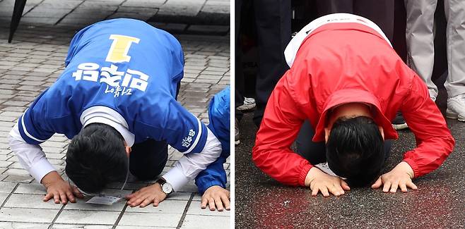 제9회 전국동시지방선거 공식 유세 첫날인 21일 여야 대표는 합동유세 현장을 찾아 유권자들에게 큰절을 올리며 표심에 호소했다. 정청래(왼쪽사진) 더불어민주당 대표가 대전 으능정이거리에서, 장동혁 국민의힘 대표가 대전역 서광장에서 큰절하고 있다. 뉴시스