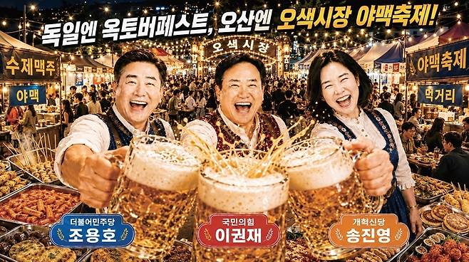 오산 오색시장은 수제맥주와 전통시장 먹거리가 어우러지는 야맥축제로 이름을 알려 왔다. 인공지능(AI)은 오산시장 후보들을 오색시장 야맥축제에서 시원하게 맥주잔을 부딪치는 모습으로 그려냈다. 독일에 옥토버페스트가 있다면 오산에는 오색시장 야맥축제가 있다. 오산의 내일에 축배를 들 사람은 누구일까. 챗GPT생성 이미지. 조주현기자