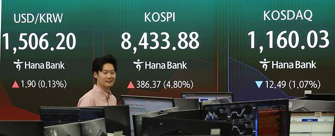 27일 서울 중구 하나은행 딜링룸 현황판에 코스피 등이 표시되고 있다. 연합뉴스