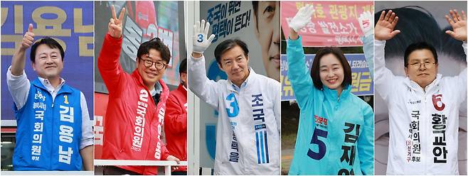 김용남 더불어민주당 경기평택을 국회의원 재선거 후보, 유의동 국민의힘 경기평택을 국회의원 재선거 후보(왼쪽부터), 조국 조국혁신당 경기평택을 국회의원 재선거 후보, 김재연 진보당 경기평택을 국회의원 재선거 후보, 황교안 자유와혁신당 경기평택을 국회의원 재선거 후보가 21일 경기도 평택시 안중시장 인근 및 KTX 경기남부역사 예정 부지 앞, 안중사거리에서 각각 지지를 호소하고 있다. /뉴스1