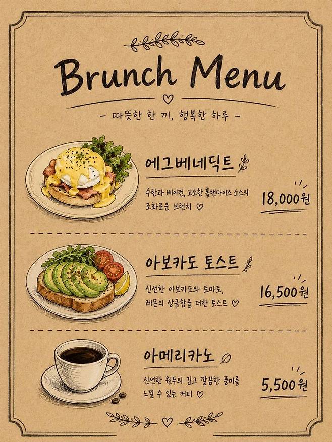 브런치 카페 메뉴판 요청 결과물 / 출처=오픈AI 생성 이미지