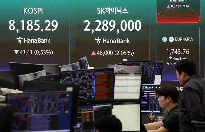 28일 오후 서울 중구 하나은행 딜링룸 전광판에 지수가 표시되고 있다./뉴시스