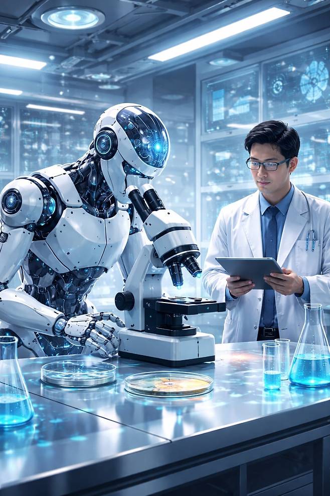 '인공지능(AI) 과학자'가 스스로 가설을 세우고 실험을 진행하는 장면을 묘사한 상상도./DALL·E 생성