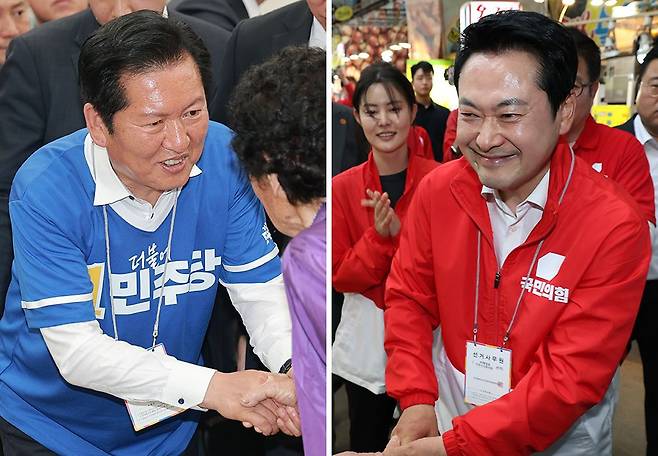 정청래 더불어민주당(왼쪽 사진)·장동혁 국민의힘 대표가 24일 각각 전남 광양 옥곡5일장과 인천 옥련시장을 찾아 지원 유세를 하고 있다. 사진 연합뉴스