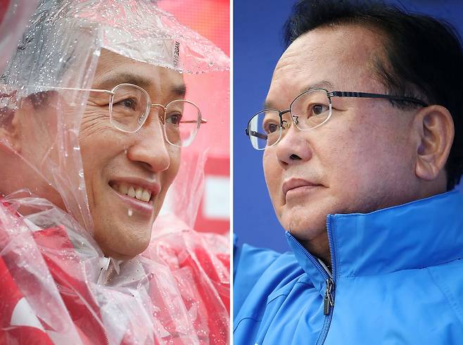 김부겸(오른쪽) 더불어민주당 대구시장 후보와 추경호 국민의힘 대구시장 후보가 지난 27일 오전 각각 대구 북구 태전네거리, 북구 팔달교 앞에서 출근길 시민들에게 인사하고 있다. 뉴스1