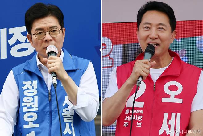 (서울=뉴스1) 최지환 기자,김진환 기자 = 정원오(왼쪽) 더불어민주당, 오세훈 국민의힘 서울시장 후보가 25일 각각 서울 양천구 현대백화점 목동점 앞, 도봉구 홈플러스 방학점 앞에서 지지를 호소하고 있다. 2026.5.25/뉴스1 Copyright (C) 뉴스1. All rights reserved. 무단 전재 및 재배포, AI학습 이용 금지. /사진=(서울=뉴스1) 최지환 기자,김진환 기자