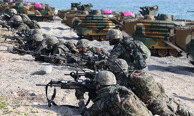 지난달 27일 경북 포항시 독석리 해안에서 열린 2026년 전반기 합동상륙훈련 ‘결정적 행동’에서 해안거점을 확보한 상륙군이 지상작전을 전개하고 있다. 세계일보 자료사진