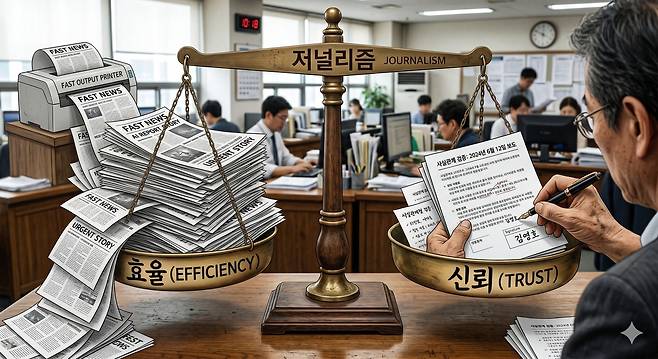 큰 저울의 양 접시에 ‘효율(EFFICIENCY)’과 ‘신뢰(TRUST)’가 놓인 그림. /서용운 제공