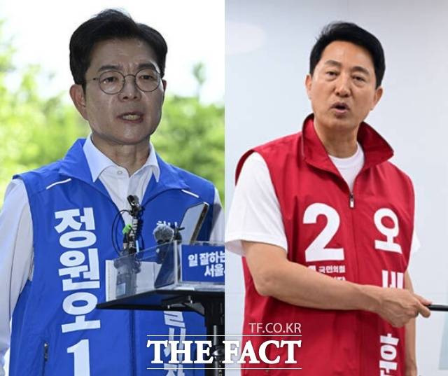6·3 지방선거를 앞두고 도노강의 민심이 요동치고 있다. 왼쪽부터 정원오 더불어민주당 서울시장 후보와 오세훈 국민의힘 서울시장 후보. /더팩트 DB
