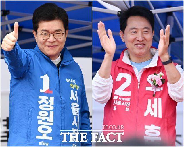 6·3 지방선거를 사흘 앞둔 마지막 주말 31일 정원오 더불어민주당 서울시장 후보(왼쪽)와 오세훈 국민의힘 서울시장 후보가 서울 전역을 누비며 막판 총력 유세에 나섰다. /서예원 기자
