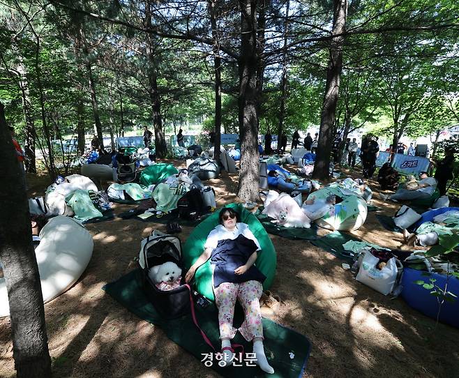 31일 서울 성동구 서울숲에서 열린 ‘제1회 우리강산 푸르게 푸르게 숲속 개꿀잠대회’에서 참가자들이 반려견과 잠을 청하고 있다. 강윤중 기자