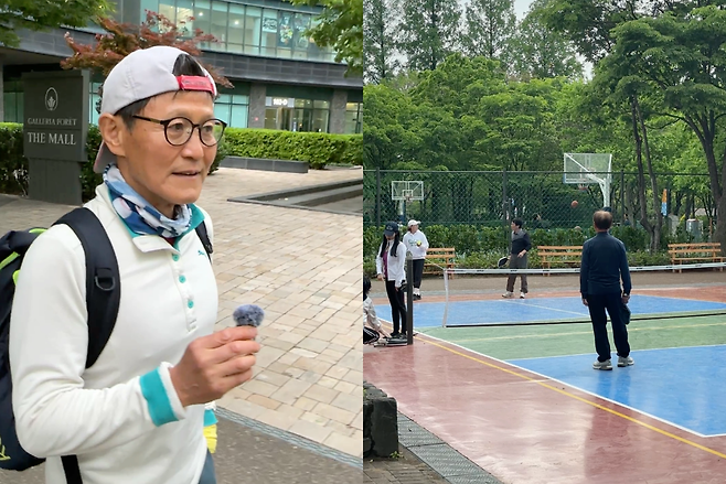 Lee Chul-hee (left), former inaugural president of the Seongdong-gu Pickleball Association, speaks about the lack of infrastructure supporting Korea’s rapidly growing pickleball scene, particularly for older players. At right, people play pickleball at Seongsu Park on a court originally designed for jokgu, a Korean foot-volleyball sport, while basketball players use the adjacent court in the background. (Tammy Park/The Korea Herald)