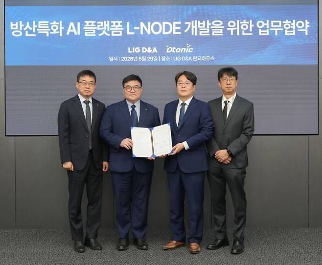 LIG D&A가 디토닉과 LIG D&A 판교하우스에서 ‘방산특화 AI 플랫폼 L-NODE 개발을 위한 업무협약(MOU)’을 체결했다. 협약식에는 LIG D&A 이승영 기술혁신본부장(왼쪽 두 번째)과 김진훈 D2C Lab장(왼쪽), 디토닉의 전용주 대표이사와 권진만 부사장 등 양사 고위 관계자들이 참석했다. LIG D&A