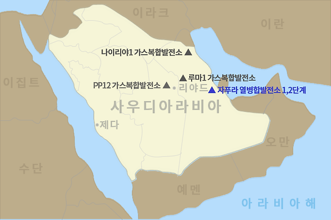 두산에너빌리티가 수주한 '사우디 자푸라 열병합발전소 2단계' 건설공사 현장 위치도. 약 8400억원 규모의 열병합발전소 건설 공사로, 2029년 완공이 목표다. 두산에너빌리티 제공