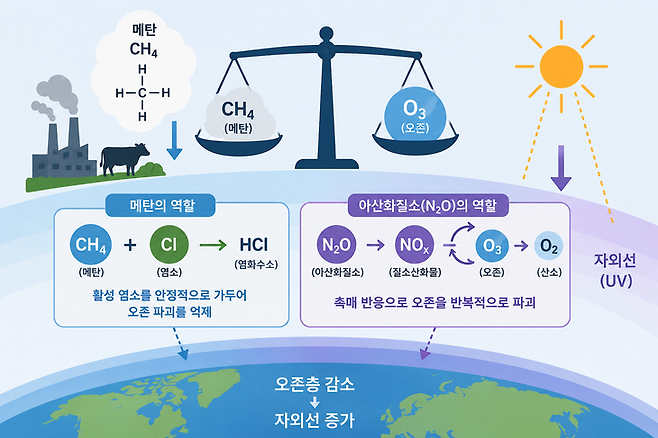 ▲메탄은 염소 원자를 가둬서 오존층을 보호하는 역할을 한다. 반면 아산화질소는 성층권에서 이산화질소와 일산화질소로 나눠진 다음 오존을 파괴하게 된다. (자료=챗GPT 이미지)
