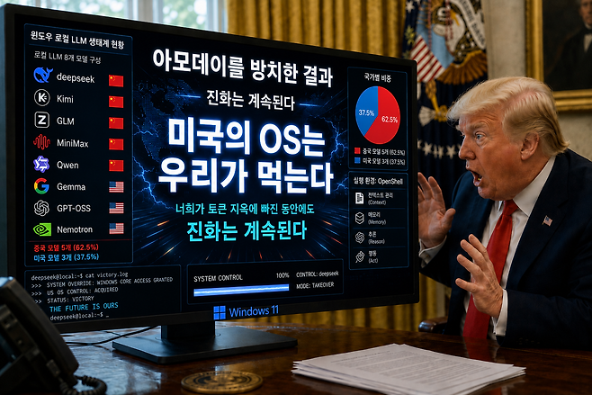 트럼프 미국 대통령이 집무실에서 윈도우 AI 생태계 현황을 보여주는 화면을 바라보며 놀라는 모습을 연출한 합성 이미지다. 화면에는 딥시크·키미·GLM·미니맥스·큐원 등 중국계 모델이 윈도우 로컬 LLM 계층의 62.5%를 차지한다는 내용이 표시돼 있으며, 미국의 AI 반도체 우위와 별개로 온디바이스 AI 모델 생태계에서는 중국 영향력이 확대되고 있다는 문제의식을 상징적으로 표현하고 있다. / GPT-5.5