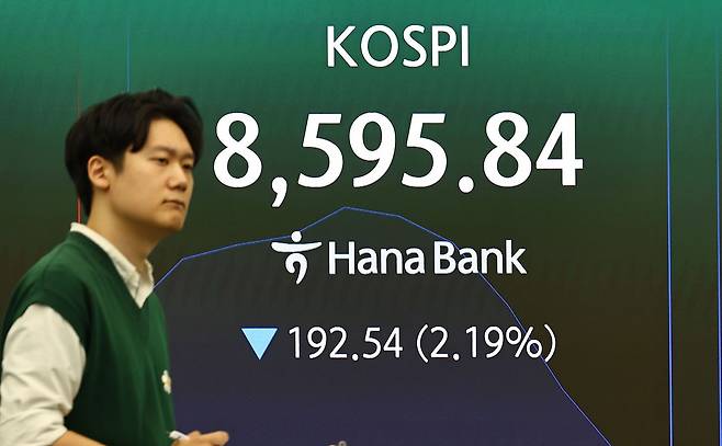 2일 서울 중구 하나은행 본점 딜링룸 전광판에 코스피 지수가 표시되고 있다. 김종호 기자