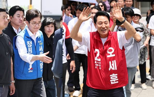 정원오 더불어민주당 서울시장 후보(왼쪽)가 1일 서울 구로디지털단지 일대에서 유세를 위해 무대로 향하며 시민들과 인사하고 있다. 오세훈 국민의힘 서울시장 후보는 1일 서울 롯데백화점 노원점 앞에서 열린 유세에 앞서 인사를 하고 있다. 연합뉴스
