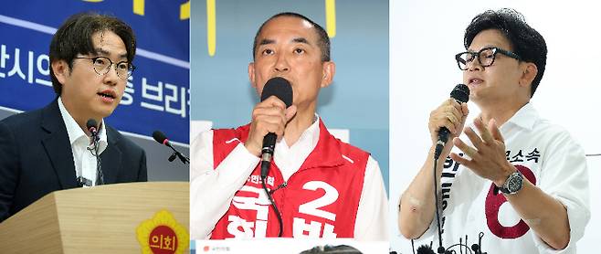 부산 북갑 국회의원 보궐선거에 출마한 더불어민주당 하정우 후보, 국민의힘 박민식 후보, 무소속 한동훈 후보가 1일 부산 연제구 부산시의회와 선거사무소에서 기자회견을 갖고 있다. 연합뉴스
