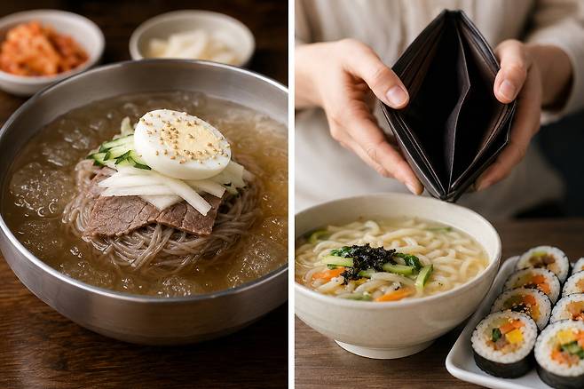 서울 시내 한 식당에서 냉면과 칼국수 등 점심 메뉴 가격표를 살펴보는 모습. 외식 물가 상승으로 직장인들의 점심값 부담이 커지고 있다. AI 생성 이미지