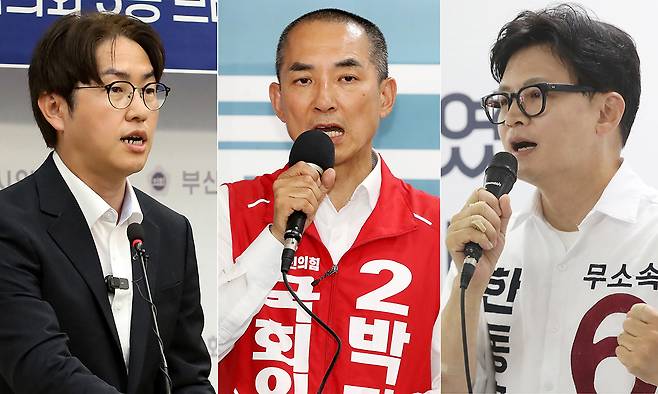 부산 북구갑 국회의원 후보들이 지난 1일 기자회견을 열고 지지를 호소하고 있다. 이날 부산시의회 브리핑룸에서 기자회견하는 하정우 더불어민주당 후보(왼쪽부터), 북구 선거사무소에서 기자회견하는 박민식 국민의힘 후보, 북구 선거사무소에서 기자회견하는 한동훈 무소속 후보. 뉴스1