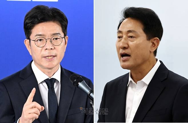 정원오 더불어민주당 서울시장 후보가 지난달 28일 서울 중구 선거사무실에서 열린 기자간담회에서 발언하고 있다(왼쪽 사진). 오른쪽 사진은 오세훈 국민의힘 후보가 같은 날 종로구 대왕빌딩 선거사무실에서 열린 기자간담회에서 발언하는 모습. 도준석 전문기자