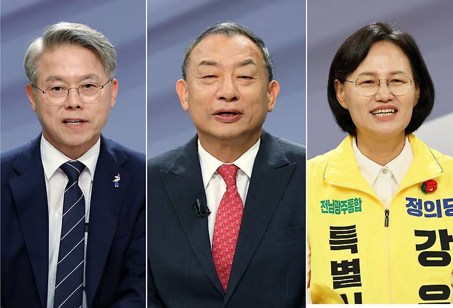 28일 광주 서구 KBS광주방송총국 공개홀에서 열린 전남광주통합특별시장 선거 후보자 초청 토론회에서 더불어민주당 민형배(왼쪽부터), 국민의힘 이정현, 정의당 강은미 후보가 발언하고 있다. ⓒ연합뉴스