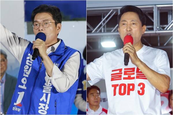 6·3 지방선거를 하루 앞둔 2일 서울 청계광장에서 마지막 유세를 하며 연설하고 있는 더불어민주당 정원오 후보(왼쪽)와 서울 서대문구 신촌역 스타광장에서 열린 파이널 유세에서 지지를 호소하고 있는 국민의힘 오세훈 후보. 2026.6.2 연합뉴스