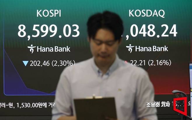 뉴욕증시 3대 지수가 하락마감한 가운데 코스피도 하락 출발한 4일 서울 중구 하나은행 본점 딜링룸에서 직원이 증시와 환율 등을 모니터하고 있다. 이날 코스피는 전 거래일 대비 177.67p(2.02%) 내린 8623.82에 코스닥은 6.88p(0.67%) 오른 1032.91에 원/달러 환율은 13.6원 오른 1,530.0원 출발했다. 2026.6.4 조용준 기자
