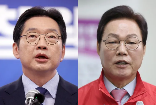 김경수 더불어민주당 경남도지사 후보와 박완수 국민의힘 경남도지사 후보. 연합뉴스